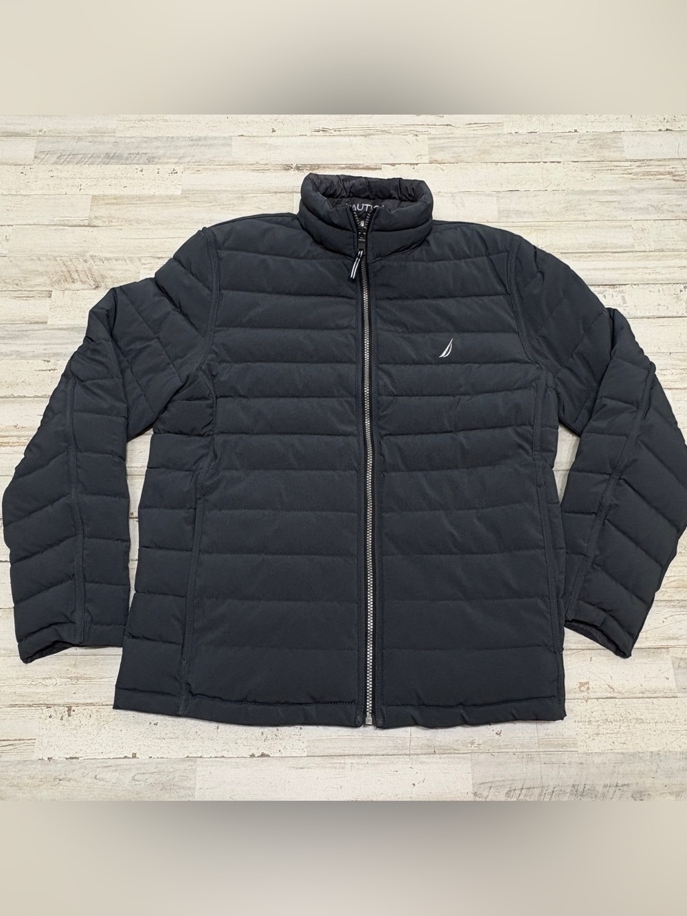Nautica Men's Large Black Gray Reversible Camo Quilted Puffer Jacket Full Zip